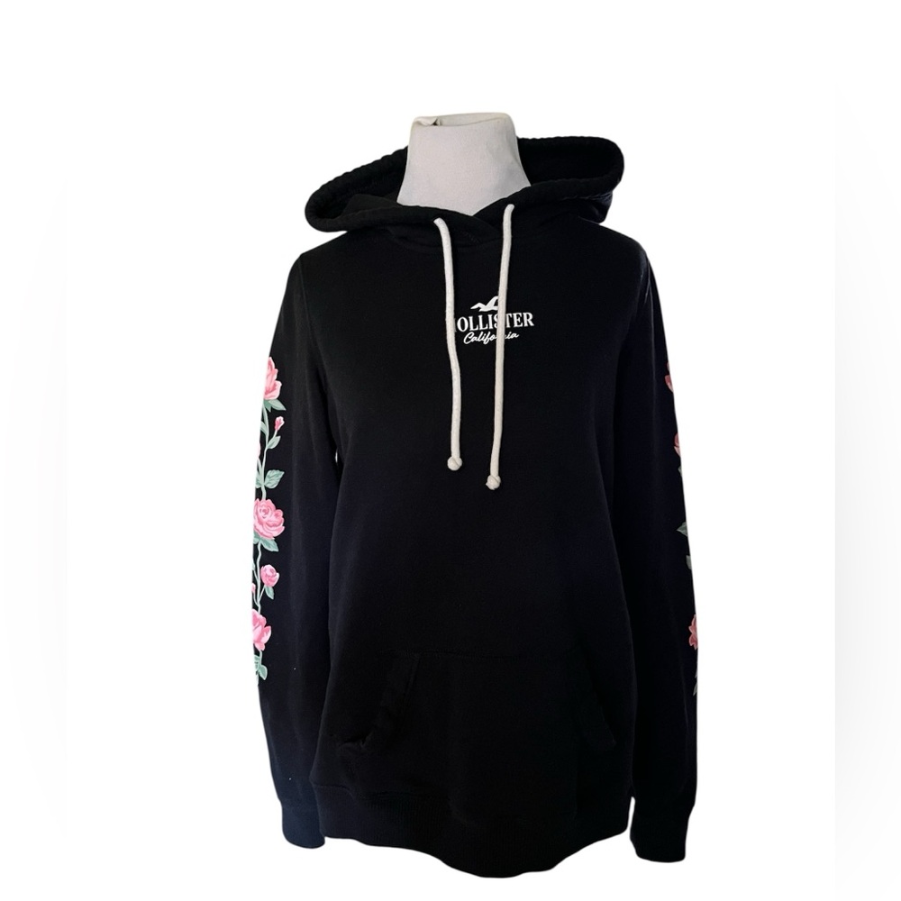 Hollister California Black Hoodie Rose Sleeve design Y2K S cozy preppy